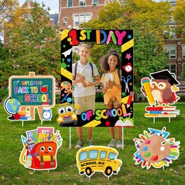 Memorywuu 6 Pcs Welcome Back to School Yard Sign with Stakes 1st Day of School Photo Frame Decor Photo Booth Selfie Frame Yard Sign for Outdoor Lawn Garden Welcome Back Decoration Classroom Decoration