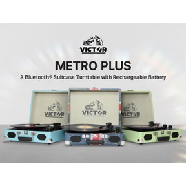 Victor Metro Plus Battery-Powered Bluetooth Suitcase Turntable | 3-Speed Vinyl Record Player with Built-in Stereo Speakers, Rechargeable Battery, RCA Output, Aux Input, and 45 RPM Adaptor, VSRP-850B