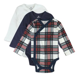 HonestBaby 3-Pack Organic Cotton Long Sleeve Kimono Bodysuits, Red Tartan, 0-3 Months