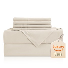 Luxury Silky Soft Bed Sheet Set, 6 Piece,King Size, Fits 16 inch Deep Pocket Mattresses, Wrinkle Free & Breathable Cooling, Ivory Cream Bedding Sheets (Fitted Sheet, Flat Sheet, Pillowcases)
