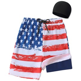 Sewetier Boys Swim Trunks with Compression Liner Toddler Bathing Suits for Boy 10-12Y Swimsuit(American Flag)