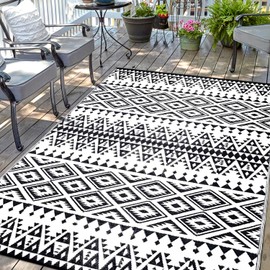 Waterproof Outdoor Rug 8x10ft, Bohemia Reversible Plastic Straw Mat for Patio RV Deck Porch Backyard Balcony Camping Picnic Beach Indoor Outdoor Carpet, Black&White