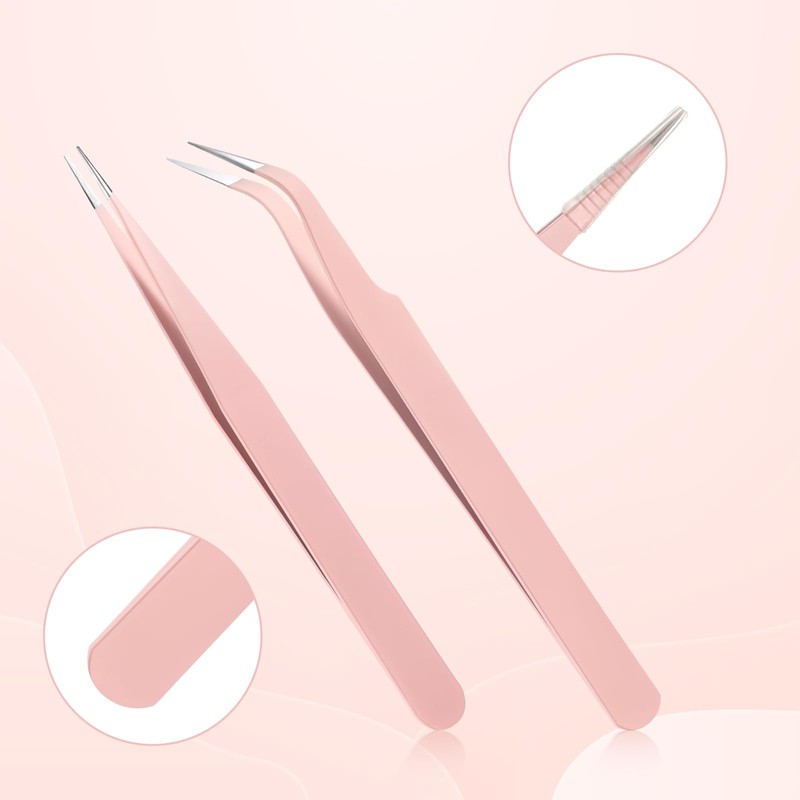 Guduling 2 Pcs Sticker Tweezers,Pink Tweezers,Stainless Steel Eyelash Tweezer for