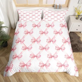 Pink Bowknot Bedding Set Single Size,Dreamy Princess Style Kids Girls Duvet Cover for Teens Adults,Watercolor Bow Geometric Grids White Comforter Cover Decorative Room with 1 Pillowcase