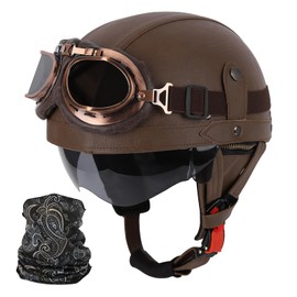 Vintage German Leather Motorcycle Half Helmet, DOT Approved Adult Men Women Half Face Motorcycle Helmets, with Goggles and Visor, for Bicycle Cruiser Scooter Chopper(Brown,M(57~58cm))