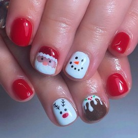 Christmas Red Press on Nails Short Winter Fake Nails Square Xmas Press on Nails Cute with Santa Claus Elk Snowman Design Glossy False Nails Christmas Glue on nails Christmas Acrylic Nails for Women