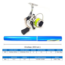 Portable Small Pen Fishing Rod and All Metal Spinning Reel Combo, 38inches Pocket Mini Telescopic Fishing Pole Kit for River Lake Ice Fishing Etc (Blue)