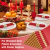 Pre Rolled Gold Plastic Silverware with Red Napkins, 100Pack Red