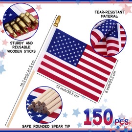 150 Pcs Small American Flags on Stick, 8 x 12 Inch Mini US Flags Wooden Stick Bulk Hand Held Stick Flags for Lawn Yard 4th of July Decorations Independence Memorial Day Patriotic Parades Veteran Party
