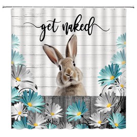 GCTNBJL Easter Bunny Shower Curtain Teal Rustic Farmhouse Flower Cute Bunny Rabbit Barn Door Wooden Spring Holiday Funny Bathroom Decor Fabric Curtain with Hooks