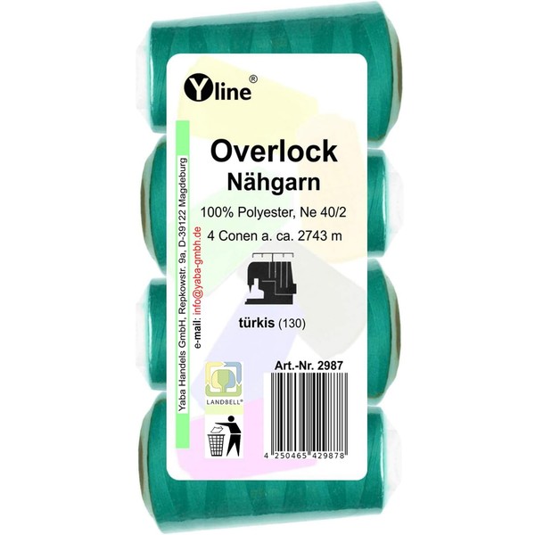Pack of 4 spools overlock sewing thread, turquoise, 2743 m,