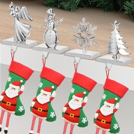 Christmas Stocking Holder, Weighted Stocking Hangers for Mantle Set of 4, Snowman Christmas Tree Snowflakes Angel Silver Metal Stocking Hooks for Fireplace Xmas Party Decoration