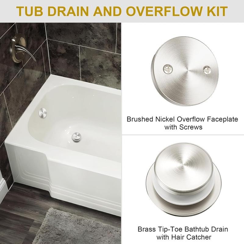 Brushed Nickel Bathtub Drain Stopper and Overflow Kit, Solid Brass