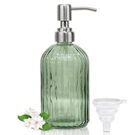 14Oz Green Soap Dispenser Bathroom, Clear Glass Hand Soap Dispensers with Stainless Steel Pump, Refillable Dish Soap Dispenser with Funnel for Kitchen, Countertop Soap Dispensers
