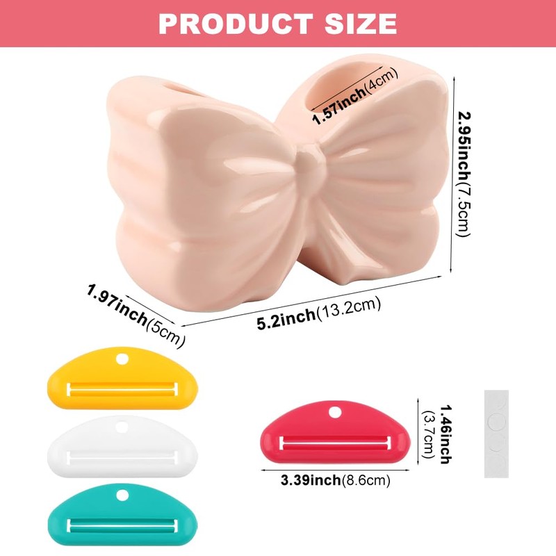 Pink Bow Toothbrush Holder,2‑Slot Ceramic Cute Girly Bathroom Decor