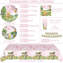 WISSLERMER 142pcs Classic Bear Baby Shower Decorations Baby Shower Party Tableware with Plates, Napkin, Forks, Cups Banner And Tablecloth for Pooh Birthday Party Supplies Set Serves 20 Guests (Pink)