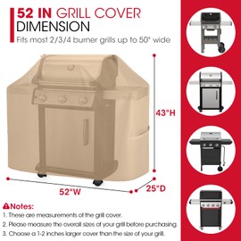 Unicook 52 Inch Grill Cover for Outdoor Grill, Heavy Duty Waterproof BBQ Cover Compatible with Char-Broil Nexgrill and Weber Spirit 2-3 Burner Gas Grills, All Weather Protection, Light Brown
