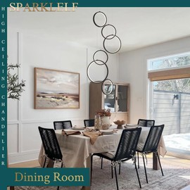 Modern LED Chandelier 6 Lights Long Chandelier High Ceiling Dimmable Ring Pendant Light Fixture with Remote Control Black Flush Mount Chandelier for Foyer Staircase Living Dining Room, 3000-6500K