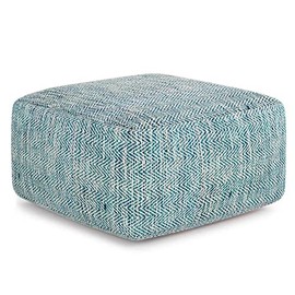 SIMPLIHOME Nate 20 Inch Boho Square Pouf in Patterned Teal Melange Cotton, For the Living Room, Bedroom and Kids Room