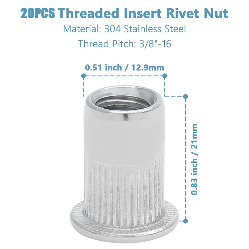 Qjaiune 20PCS 3/8"-16 Stainless Steel Threaded Insert Rivet Nut, 3/8-16UNC