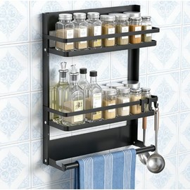 Gewürzregal Wand Ohne Bohren, Küchenregal Hängend mit Küchenrollenhalter und 4 Haken, Spice Rack für Küchen Organizer