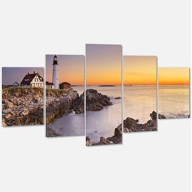 Designart Portland Head Lighthouse Maine-Modern Seascape Glossy Metal Wall Art, 60x32-5 Panels Diamond Shape