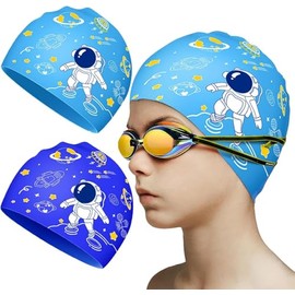 Gorros de Natación, 2 Piezas Gorros de Piscina Divertida Silicona Niños 4-12 años, Gorros de Baño Impermeable y Antideslizante
