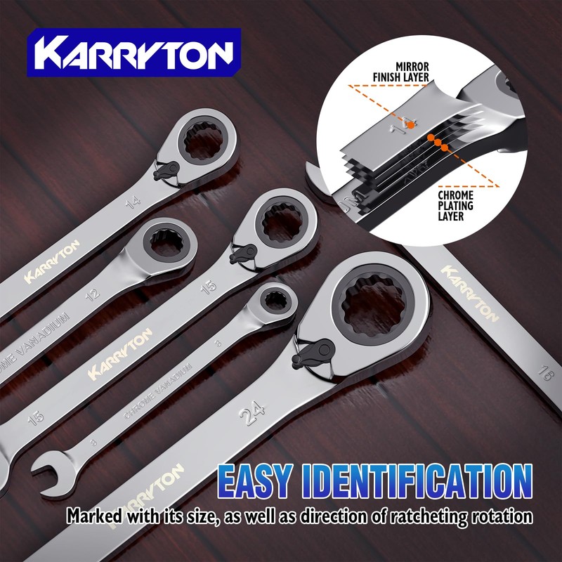 KARRYTON 16-piece Reversible Ratcheting Wrench Set Metric 8-25mm, 72 Teeth