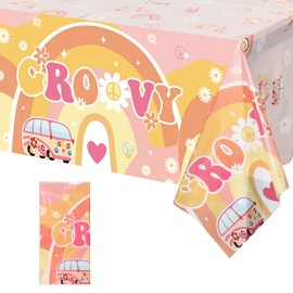 1 Pcs Two Plastic Tablecloths Retro Hippie Boho Party Decorations Rainbow Daisy Flower Rectangle Disposable Table Cover for Girls Star Groovy Daisy Birthday Party Supplies