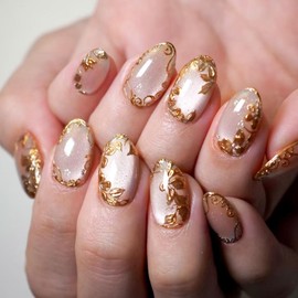 Round Press on Nails Short Glue on Nails Cat's Eye Fake Nails with Glitter Gold Leaf Lines Designs Light Pink False Nails Oval Nails Press ons for Girls 24Pcs