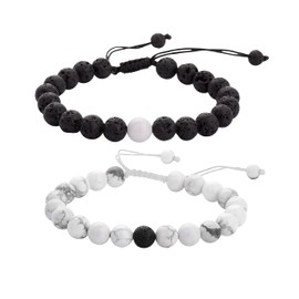 Tarcisio Juego de 2 Pulseras de Roca Volcánica para Hombre y Mujer. Brazalete de roca volcánica para parejas. 8mm. Ajustable. Ideal para parejas. Perfectas para meditación y relajación. Lava Rock Bracelet.