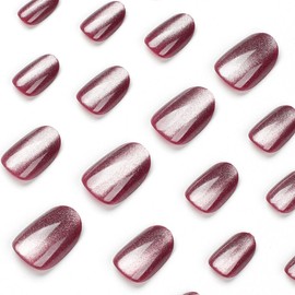 Cat' Eyes Press On Nails, Glue on Nails Stick on Nails Fake Nails, Short Square Almond Ballet Shape, False Nails on 24PCS (Rose Red)