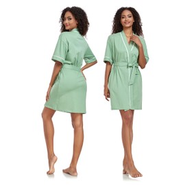 COLORFULLEAF 100% Cotton Bathrobes Women's Lightweight Dressing Gown Short Sauna Kimono Soft Women Sleepwear, sage green