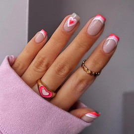 24 Pcs Press on Nails Short Square - ZIFANHU Glossy Fake Nails Press ons French Nail Art Tip Full Cover Acrylic Pink False Nails with Cute Heart Design Glue on Nails Kit for Women