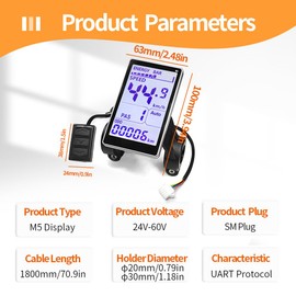 HUDAMZKY Electric Bicycle LCD Display Instrument M5 Compatible with 24V 36V 48V 60V Voltage, Electric Mountain Bike Scooter Accessories (M5-Waterproof Plug)