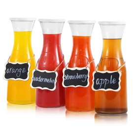 Set of 4 Glass Carafe with Lids, 1 Liter Beverage Pitcher Carafe for Mimosa Bar, Lemonade - 4 Wooden Chalkboard Tags Included