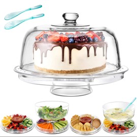 Almcmy Cake Stand with Demo Cover, 6 in 1 Multi-Functional Serving Platter Display Stand for Christmas Wedding Party, Acrylic Cake Plate/Salad Bowl/Dessert Platter, BPA-Free, Send 1 Fork and 1 Spoon