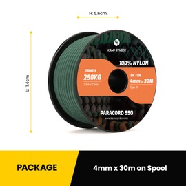 Kamu Synber 550 Paracord 4mm 30m Type III 7 Strands 100% Nylon Rope Parachute Cord Ideal for Crafting, DIY, Camping, Survival, Outdoor | Support 250kg | Dark Green