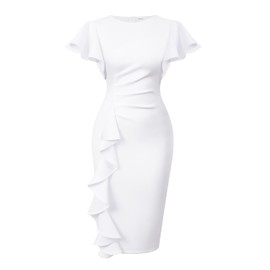 Memoriesea Women's Vintage Church Ruffle Sleeve Ruched Bodycon Work Midi Pencil Dress White