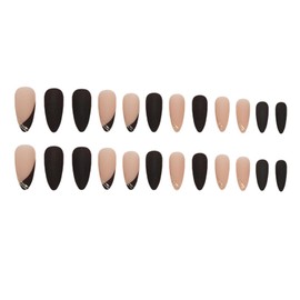 Almond Press on Nails Medium Long Fake Nails with Lines Designs Black & Nude Full Cover Glue on Nails Matte False Nails Press ons for Women Acrylic Stick on Nails 24 Pcs
