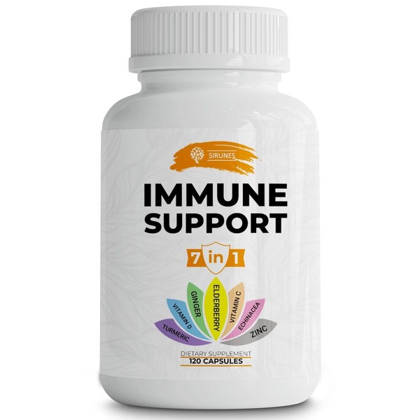 Immune Support Immunity Defense Multivitamin Supplement with Vitamin C and D3-Elderberry-Zinc-Echinacea-Ginger-Turmeric-Powerful Immunity Booster for Adults Kids Stress Relief 120 Capsules