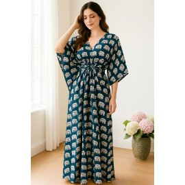AMRANIS Indian Blue Long Animal Print Cotton Hippie Maxi Women Nightwear Caftan Dress