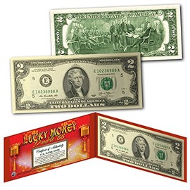 Chinese Lanterns Lucky Money Double 88 Serial Number $2 US BEP Bill w/Red Folio