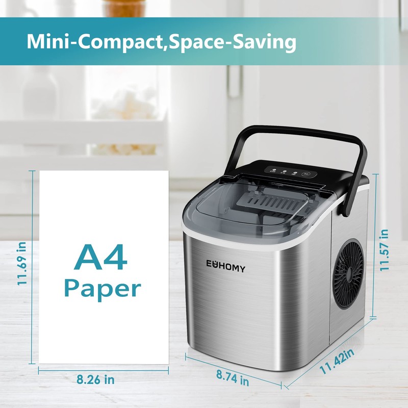 EUHOMY Countertop Ice Maker Machine with Handle, 26lbs Per Day,
