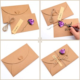 Cisolen 12 Pieces Retro Kraft Paper Envelopes Greeting Card ​ Invitation Card Envelope Dried Flowers Decorated Postcard 6 Styles (17.5 cm x 11 cm)