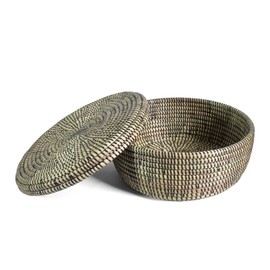 African Fair Trade Handwoven Lidded Storage Basket, Black/Natural