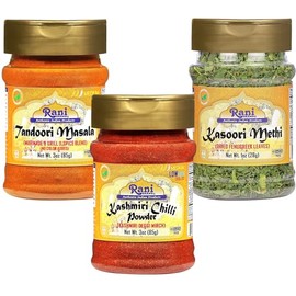 Rani Tandoori Masala 3oz (85g), Kashmiri Chilli Powder 3oz (85g), Kasoori Methi 1oz (28g) PET Jar Combo Pack of 3 ~ All Natural | Vegan | Gluten Friendly | NON-GMO | Indian Origin