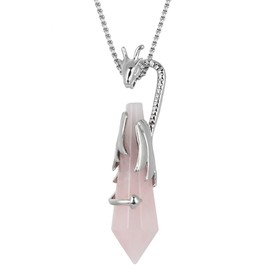 SUNYIK Natural 12 Faceted Prism Crystal Point Necklace for Women Men Dragon Wrapped Healing Stone Pendant with Adjustable Rope 18-19", Rose Quartz/18K White Gold-Plated