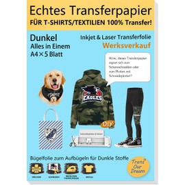 TransOurDream Real Inkjet/Laser Transfer Film Iron-On Film (Black Foil), A4 x 5 Sheets, for Dark Textiles Polyester, Polycotton Blend, Canvas, Stripes, Chequered, Jeans and Camouflage (D-FX-5)