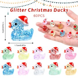 TELAIN 60 Colourful Small Christmas Glitter Resin Ducks for Party and Garden Decorations, multicoloured